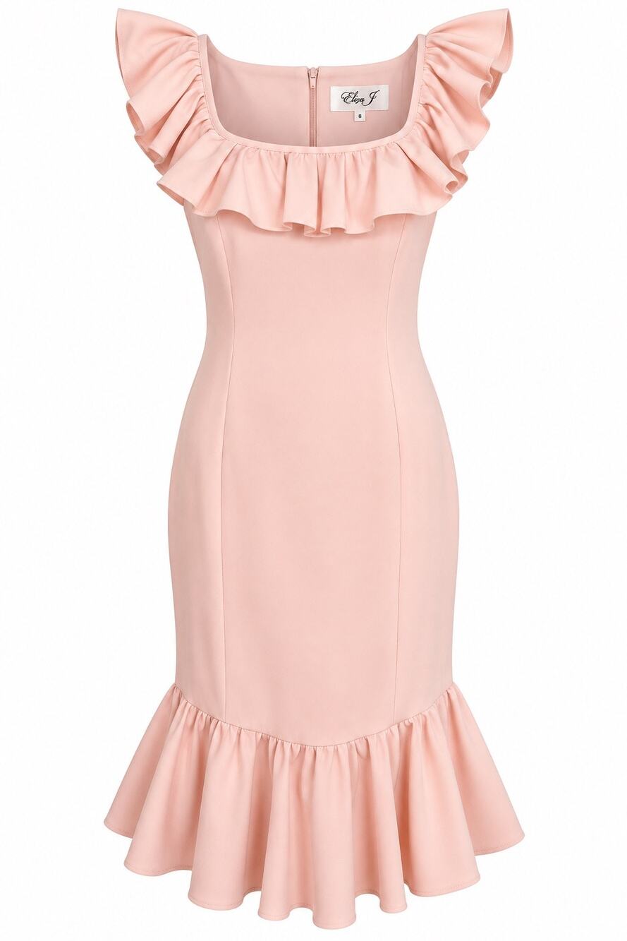 Eliza J Size 8 Blush Pink Ruffle Mermaid Midi Wedding Guest Cocktail Dress